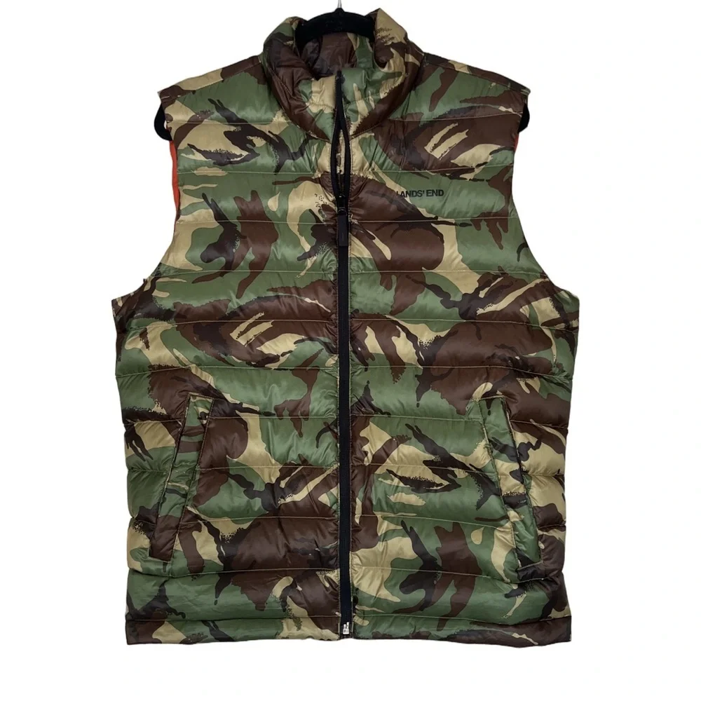 Lands' End Men's Wanderweight packable down Green and Brown Camouflage Vest